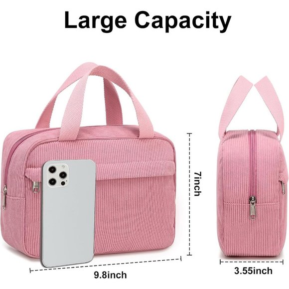 Women Corduroy-Pink Travel Tote Large Zipper Make Up Organizer Bags - Picture 5 of 7